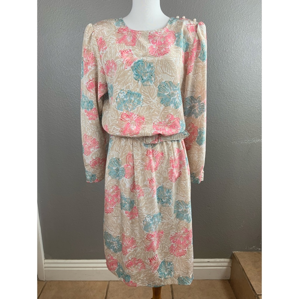 Vintage 80s Pellini cream pink mint green & white floral print granny chic dress